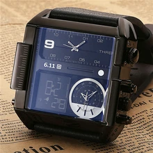 6 11 Square Men Watch Multiple Time Zone Quartz Watches Mens Leather Led Wristwatch Waterproof Relogio