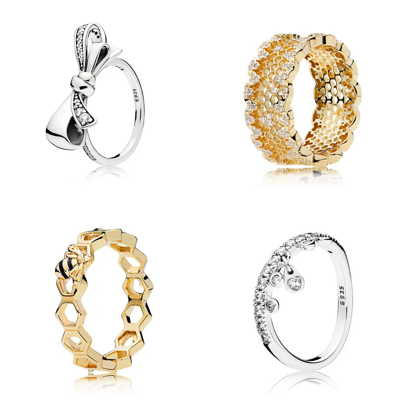 

New 925 Sterling Silver Ring Golden Shine Honeycomb Lace Bee Brilliant Bow Ring For Women Wedding Gift Fine Pandora Jewelry