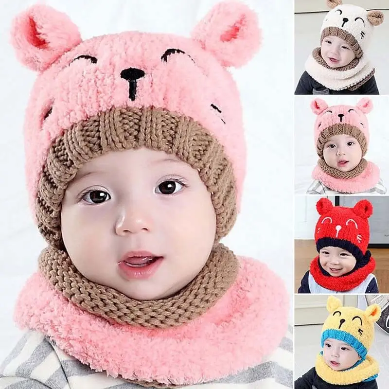 

2018 lovely kid winter warm knitted bear Beanies New Toddler Kids Girl&Boy Baby Infant Crochet Knit Hat Beanie Cap+scarves 2pcs