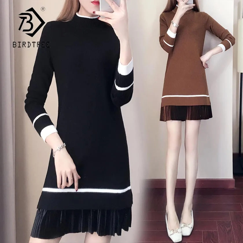 

2018 Winter New Arrival Plus Size 5XL Straight Sweater Dress Casual Full Draped Knee-Length Solid O Neck Elegant Fashion D88405N