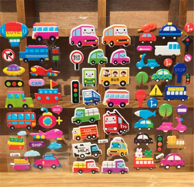

5PCS /lot Cartoon Bubble Stickers Transport Cars Mixed Cartoon Stickers Children Kids Girls&Boys Decoration Christmas Gift