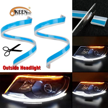 

OKEEN 2pcs 60cm Flexible LED DRL For Headlight Strip daytime running light with yellow Sequential turn signal lamp 12V