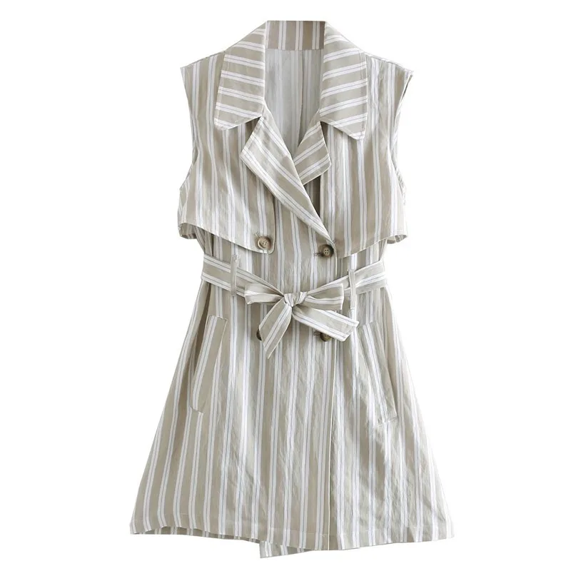 

2019 Spring Woman Back Split Sleeveless Suit Casual Jacket Coat OuterwearRetro Tide bow Sashes Contrast color striped Vests
