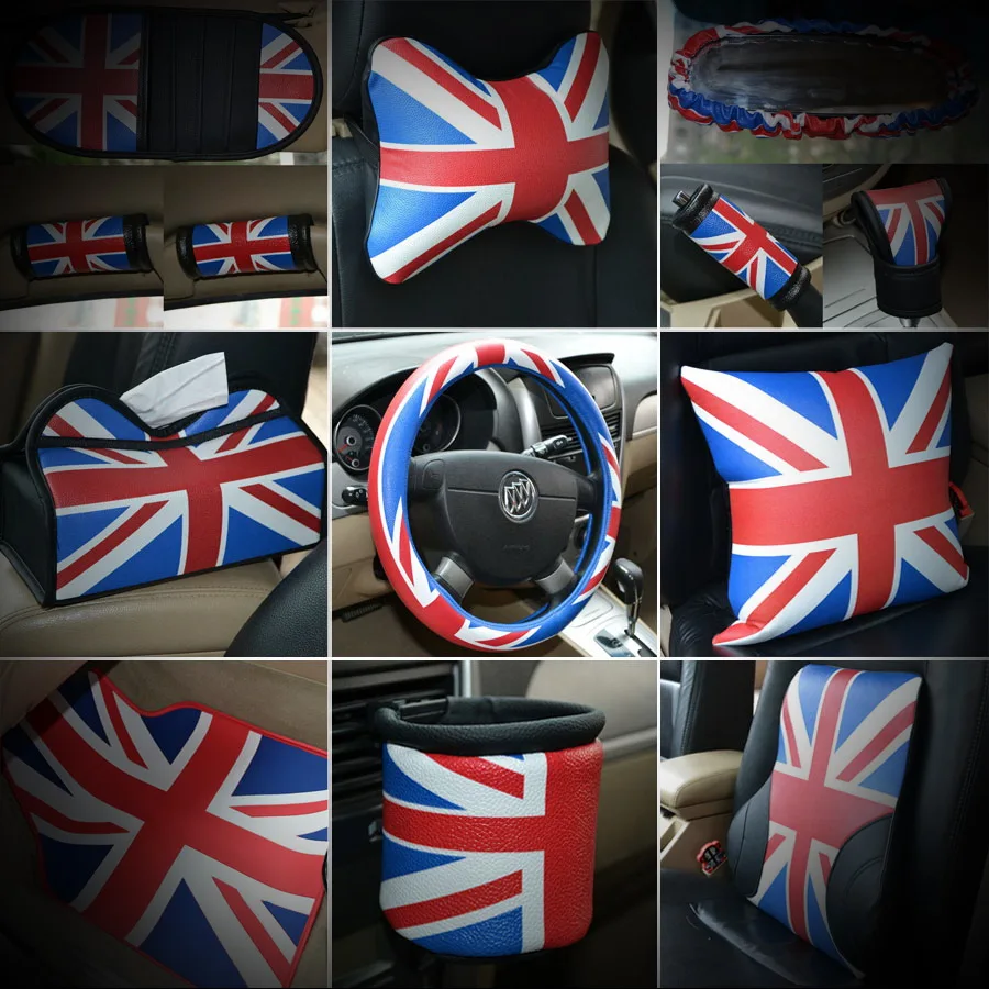 

Blue Union Jack Car Seat Belt Cover Pad Neck Pillow Waist Support Steering Wheel Cover Auto Interior Accessories For Mini Cooper