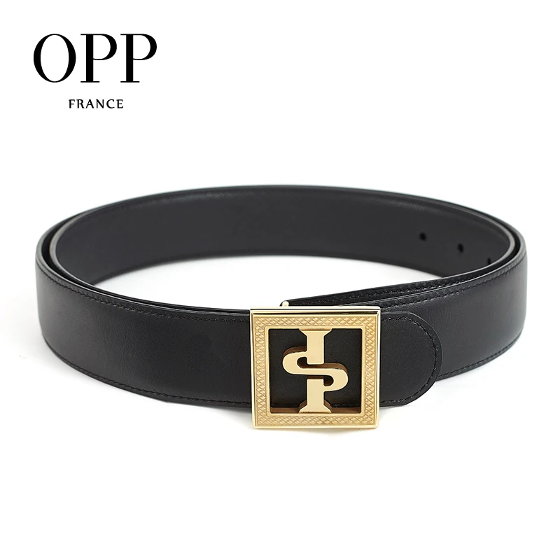 

OPP Men's Belts Fashion Business Casual Leather Belt Leather Metal Pin Gold Buckle Black Belt For Men