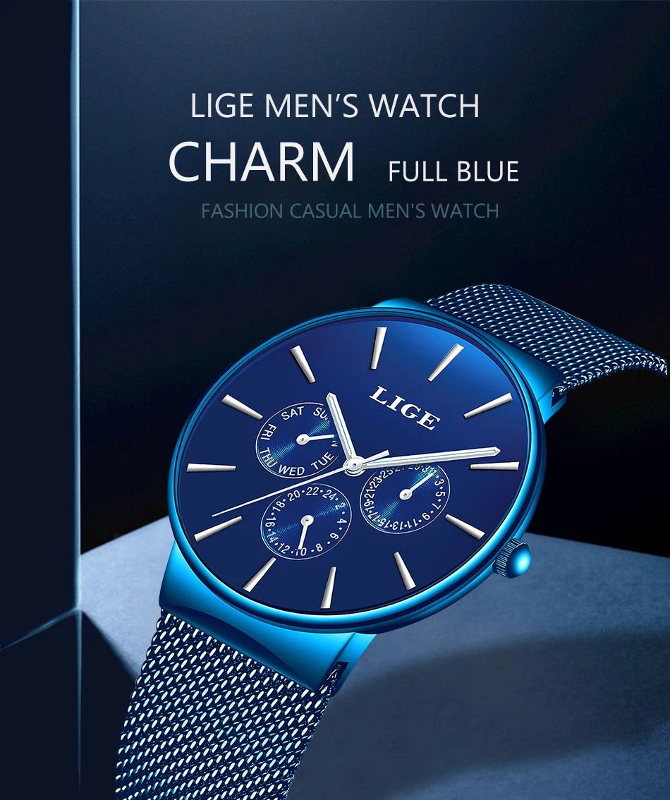 LIGE Mens Watches Top Brand Luxury Waterproof Ultra Thin Date Clock Male Steel Strap Casual Quartz Watch Men Sports Wristwatches