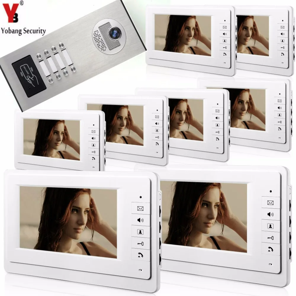 Yobang Security 8 Units Apartment Intercom System Video Intercom Video Door Phone Kit HD Camera 7 Inch Monitor with RFID keyfobs