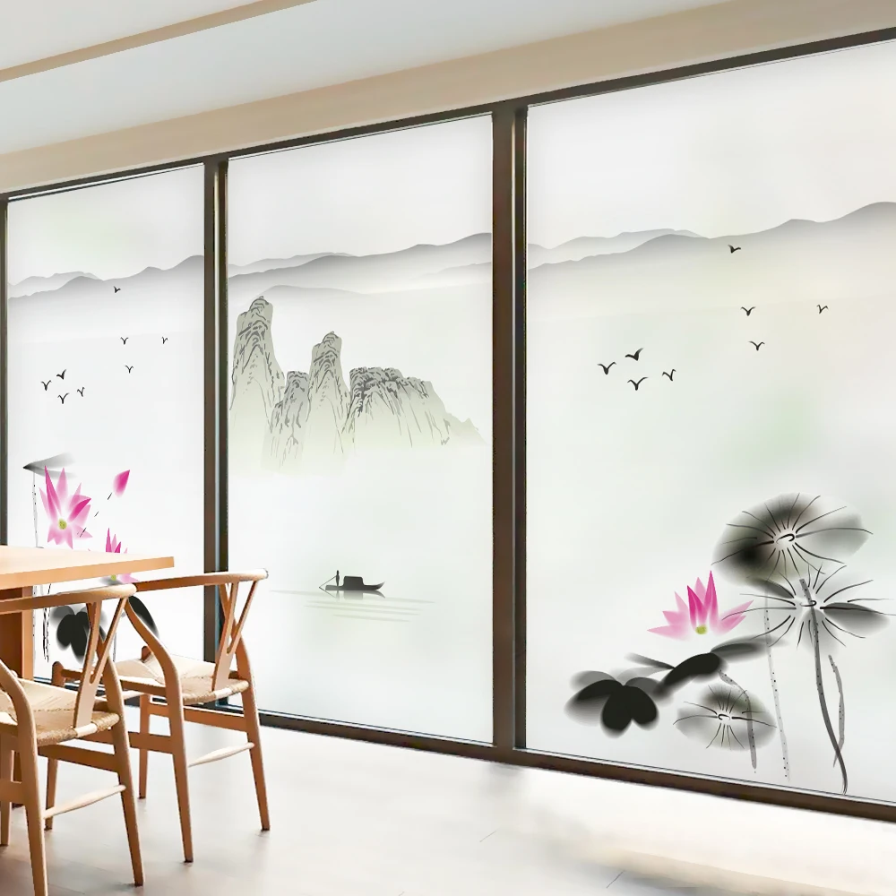 

Static glass window film Frosted Opaque Privacy Glass Sticker Home Decor Digital print Chinese landscape style In Water And Aryl