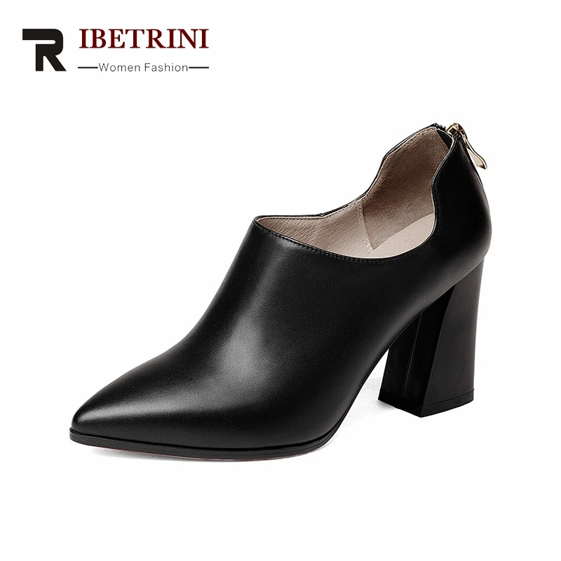 

RIBETRINI 2018 Spring Autumn Fashion Elegant Cow Leather Women Deep Pumps Zip High Hoof Heels Ol Shoes Woman Black Lady Work