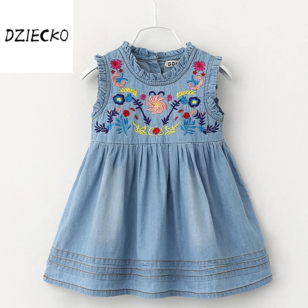 

DZIECKO 2018 New Girls Denim Dresses Summer Baby Girls Princess Dress For Party Embroidery Flower Cute Dress Children Clothing