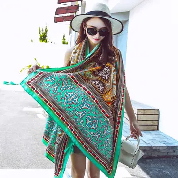 

Bohemia Ethnic Scarf Summer Printed Tassel Large Shawl Shade Shawl Silk Seaside Holiday Retro Flower Sunscreen Beach Shawl