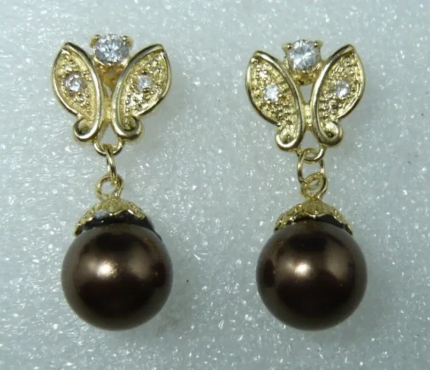 

FREE SHIPPING>>> 2 styles wholesale 18kgp/silver plated 12mm brown shell pearl butterfly earring #303
