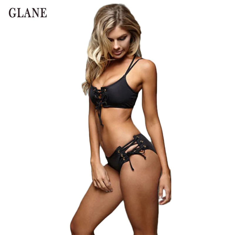 

2017 Hot Sexy Women Solid Black Swimwear Push Up Padded Bra Bandage Bikini Swimsuit Triangle Bathing Beachwear biquini Two Piece