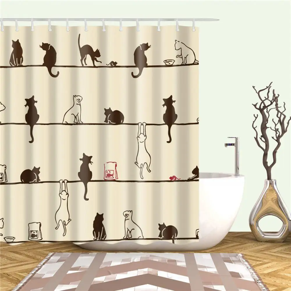 Christmas Cartoon Cat Print Shower Curtains for Bathroom Shower Curtain Washable Bath Decor Polyester Fabric Bathroom Curtain