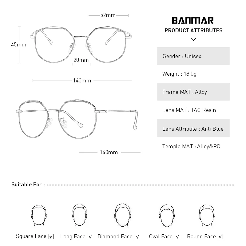 BANMAR компьютерная Женская круглая металлическая оправа очки анти-голубые лучи радиационные очки оправа унисекс, металлические очки с принтом для мужчин A1902