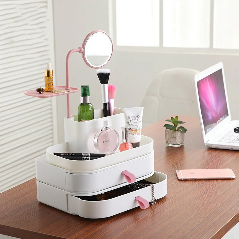

Make Up Organizer Tray Cosmetic Display Case Plastic Storage Holder Box 360 Degree Rotation Mirror with Drawers
