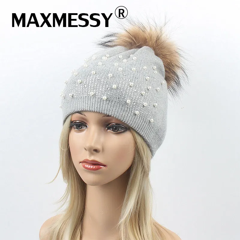 MAXMESSY Fashion Real Raccoon Fur Ball Cap Pom Poms Winter Hat For