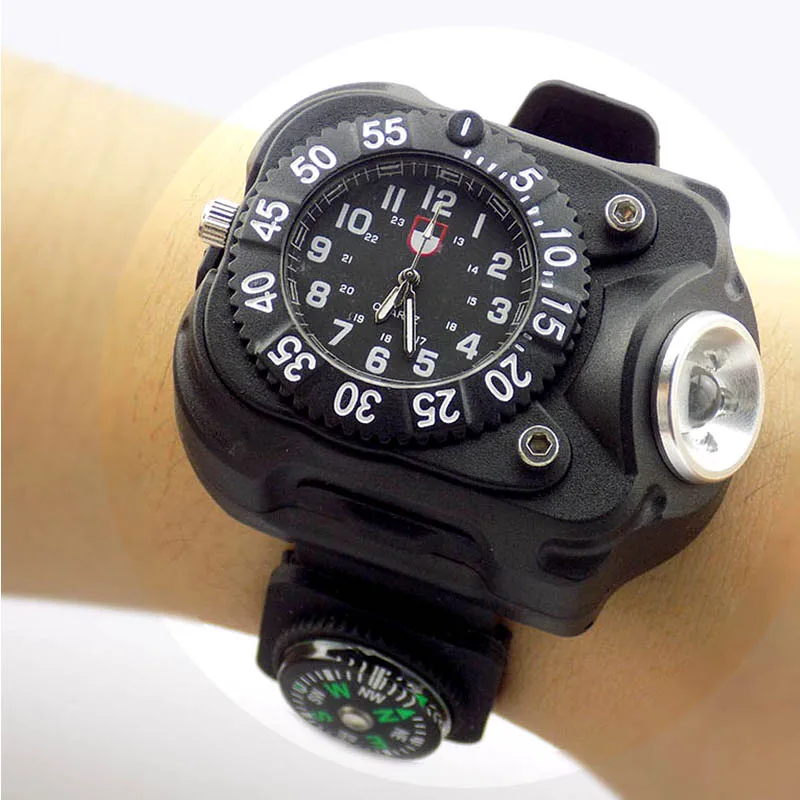 Skup 3 w 1 jasny zegarek latarka z kompasem outdoor sports moda męska wodoodporny LED akumulator latarka na rękę