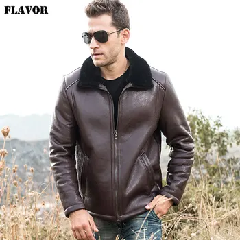 

FLAVOR Men's Real Leather Jacket Men Winter Warm Shearling Coat Wine Red