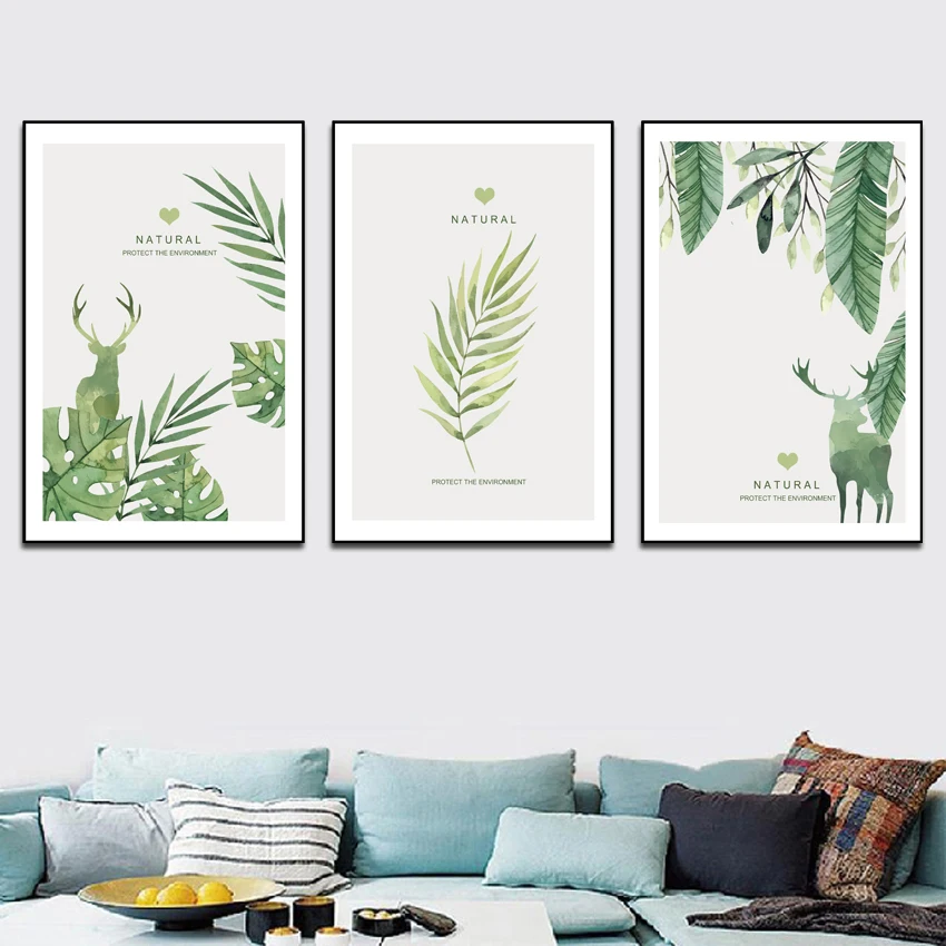 

Natural Pattern Wall Art PVC Autohesion Painting Green Plants Print Wall Pictures for Living Room Bedroom Decor No Frame Poster
