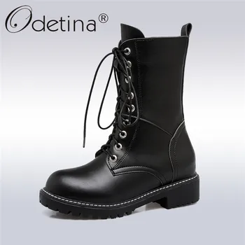 

Odetina 2018 New Fashion Classic Women Motorcycle Ankle Boots Chunky Heel Height Increased Platform Crossed-tied Lace Up Boots