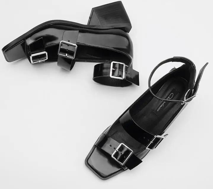 

Fashion Open toe Narrow Band with Buckle Strap Shoes Woman PU Leather Gladiator Solid Color Ladies Sandals in High Square Heel