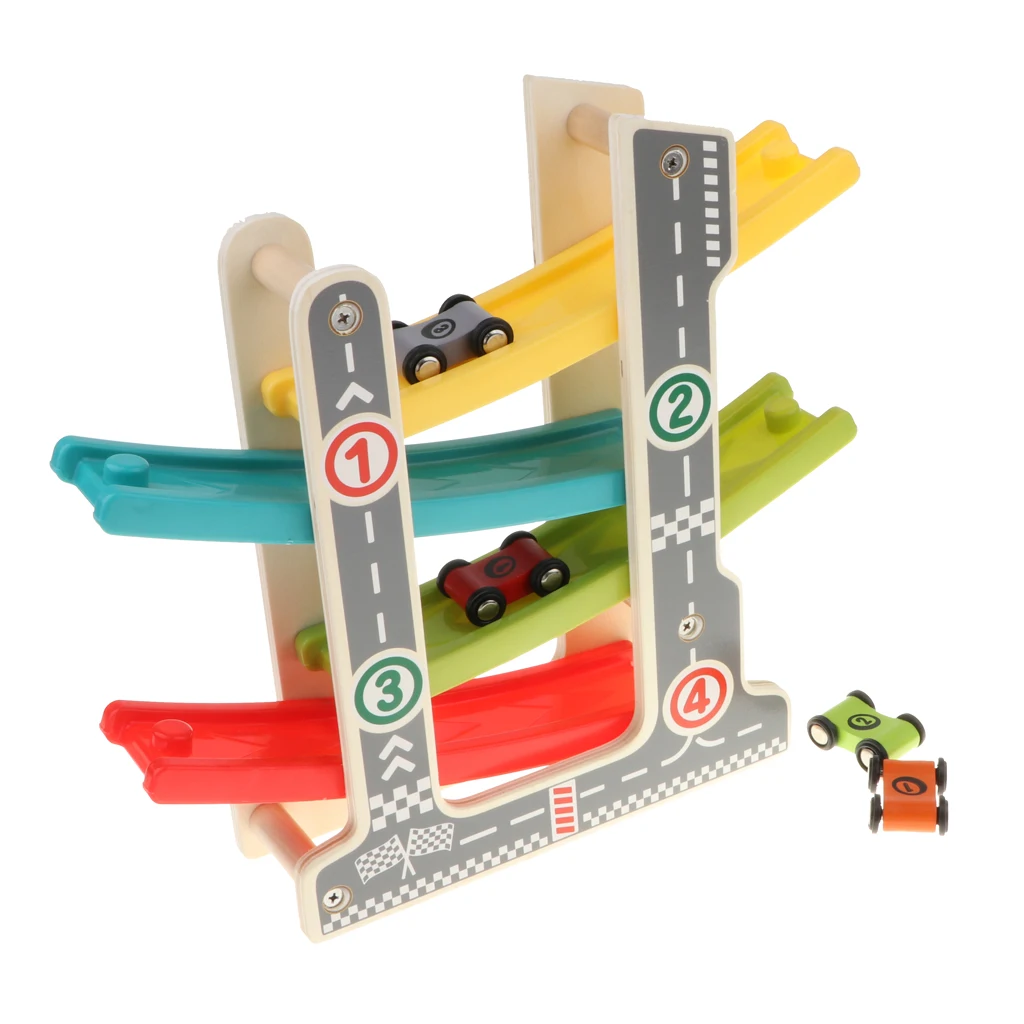 Wooden Click Clack Racetrack Ramp Racer Race Track Car Game Playset for Kids Children Boys Girls