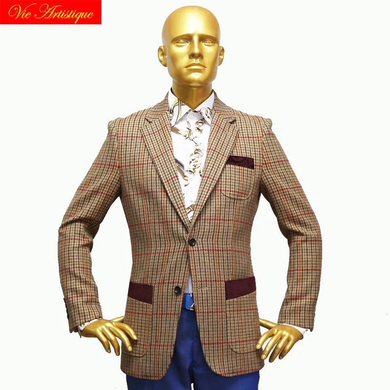 

custom tailor made Men's bespoke suits business formal wedding bespoke 1 piece hunter Jacket coat plaid tweed wool 2019 winter