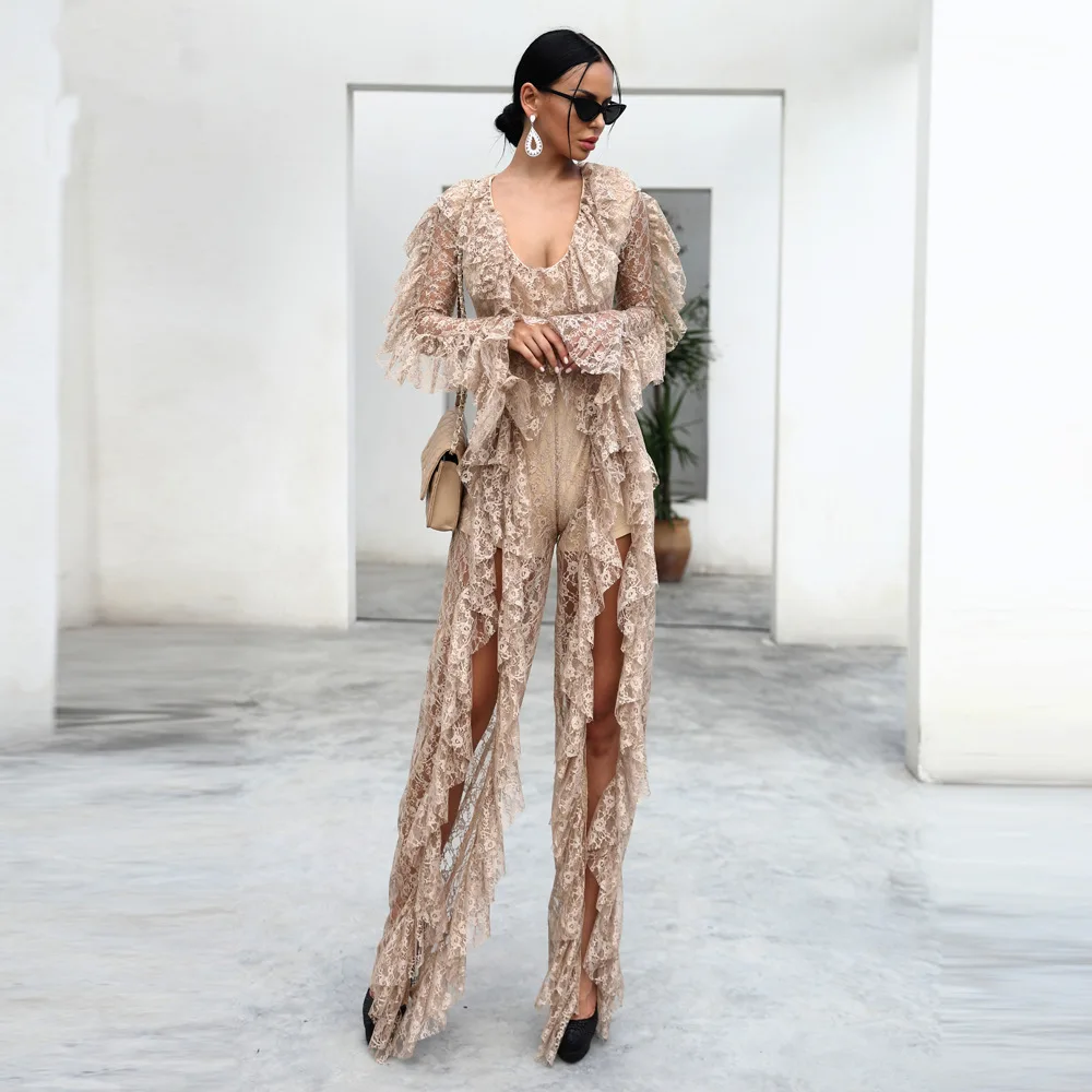

2019 New black nude lace split Bandage Jumpsuit Women Sexy Celebrity Party Ankle-Length Jumpsuit