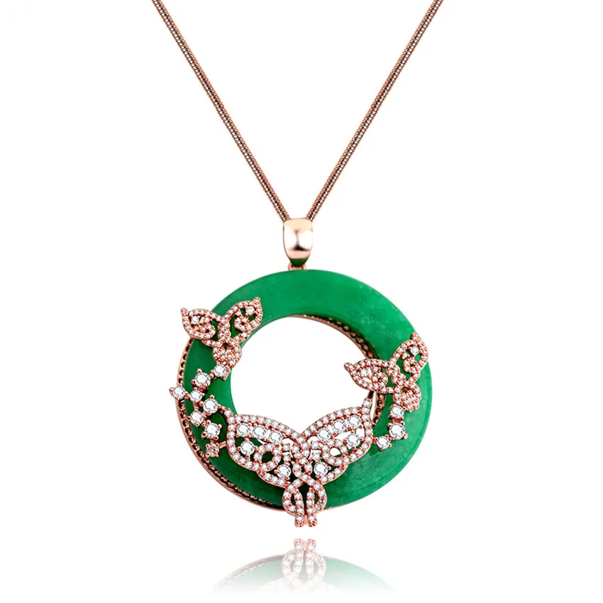 

Luxury Round Green stone Clear CZ Women Pendant Necklace Elegant Butterfly Sweater chain Jewelry Charm OL style Accessories Gift