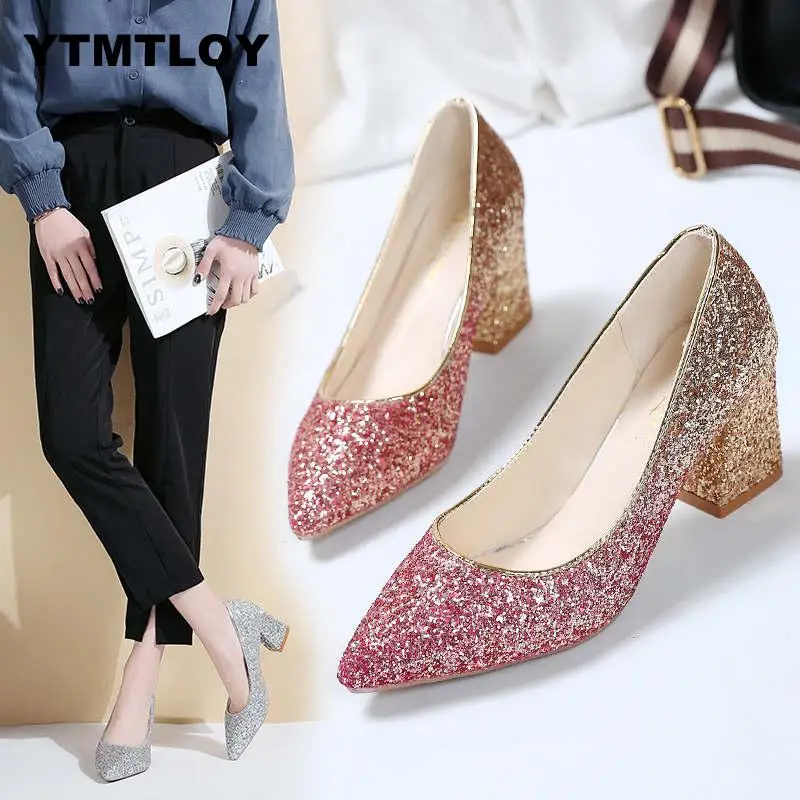 

2019Women Pumps Elegant Shoes Slip on Square High Heels Pointed Toe Shallow Spring Autumn Wedding Zapatillas Mujer Bling