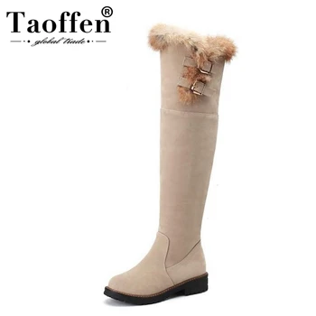 

TAOFFEN Women Winter Thigh High Boots Zipper Warm Plush Fur Shoes Woman Fashion Metal Buckle Round Toe Flats Boot Size 34-43