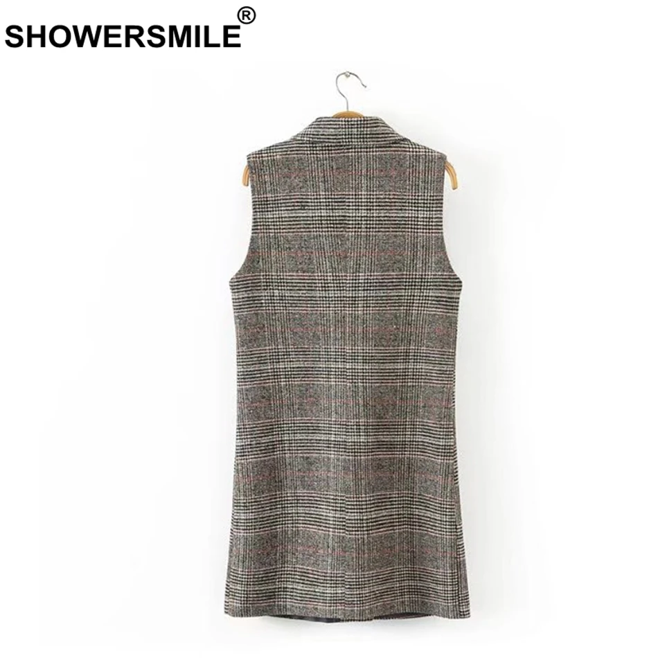 RAINIE SEAN Check Plaid Coat Women Double Breasted Long Vests Waistcoat Female Spring Tartan England Style Sleeveless Jackets