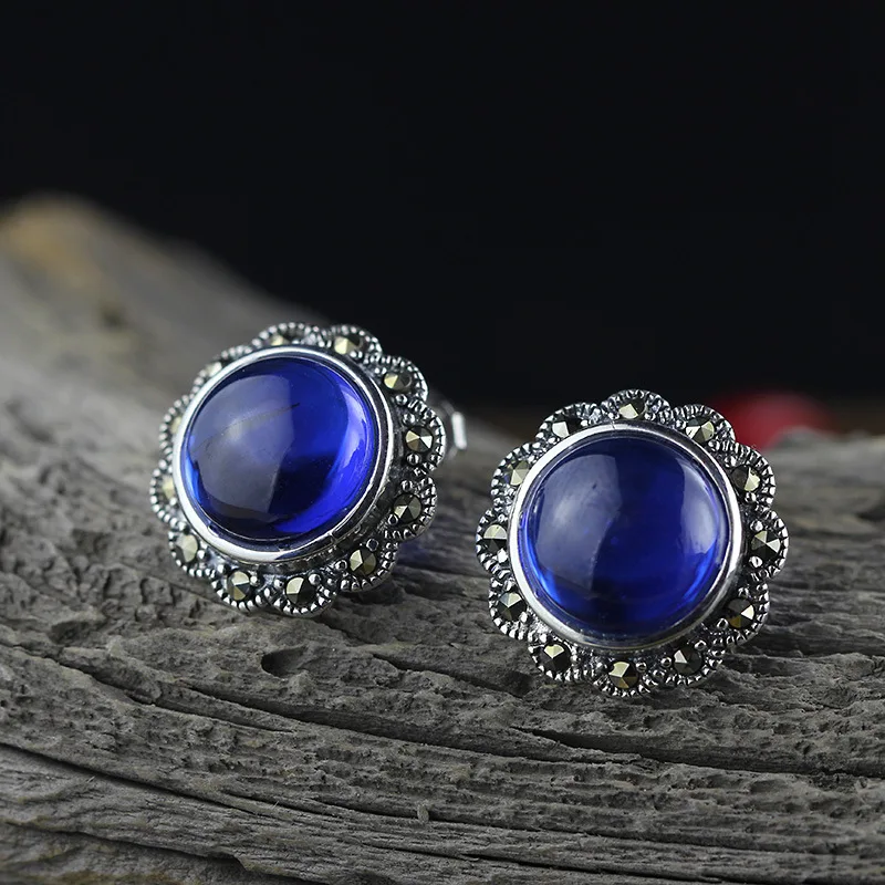 

Thai Silver Hot Sale Blue Corundum 925 Sterling Silver Stud Earrings for Women Elegance Jewelry Christmas Gift Freeshipping