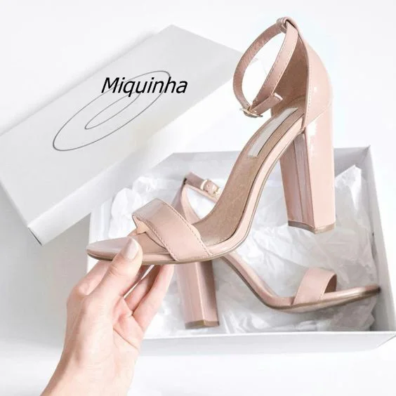 

Fashion Line Buckle Style Block Heel Dress Sandals Pretty Beige PU Leather Open Toe Heels Elegant Women Comfy Date Shoes