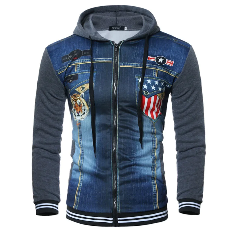 2018 New Denim Patchwork Style Warm Gray Hoodie Men's Fashion