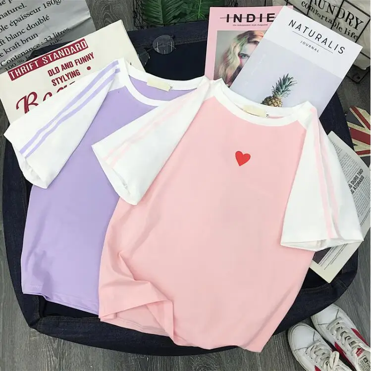 

Summer sweet love heart print patchwork short-sleeved T-shirt
