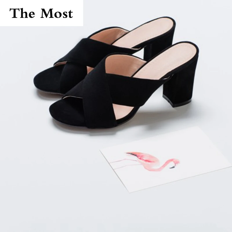 

THEMOST Women Med heels Sandals Genuine Leather slippers Suede Summer Sandals Big size 33-43 Causal Open toe Thick heels