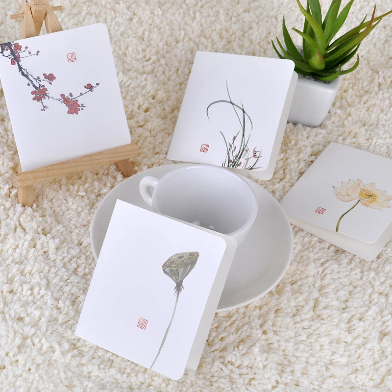 Chinese Plant Greeting Card Creative Classical Simple Message DIY Folding Valentine's Day Birthday New Year's Day 4pcs