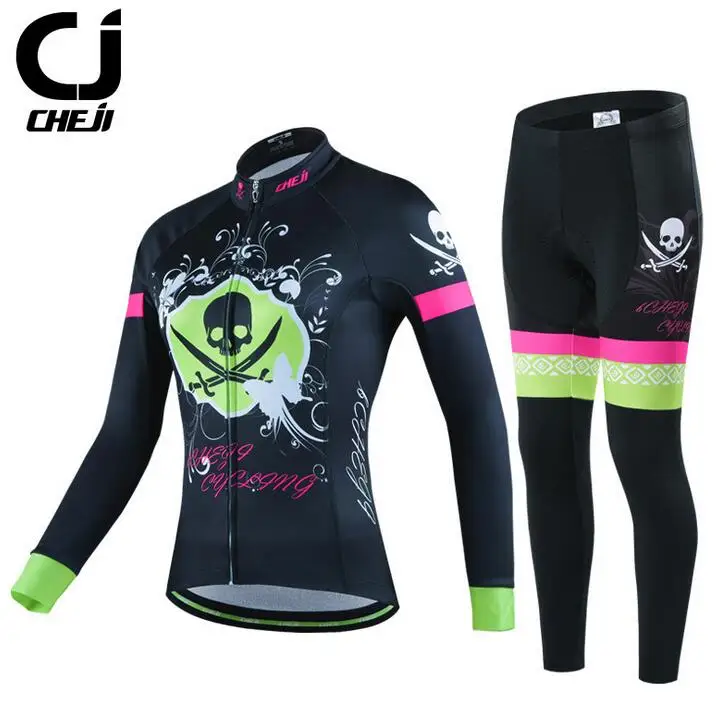 

CHEJI Women's Long Cycling Jersey Pants Set Cycling Clothing Winter Suit Black