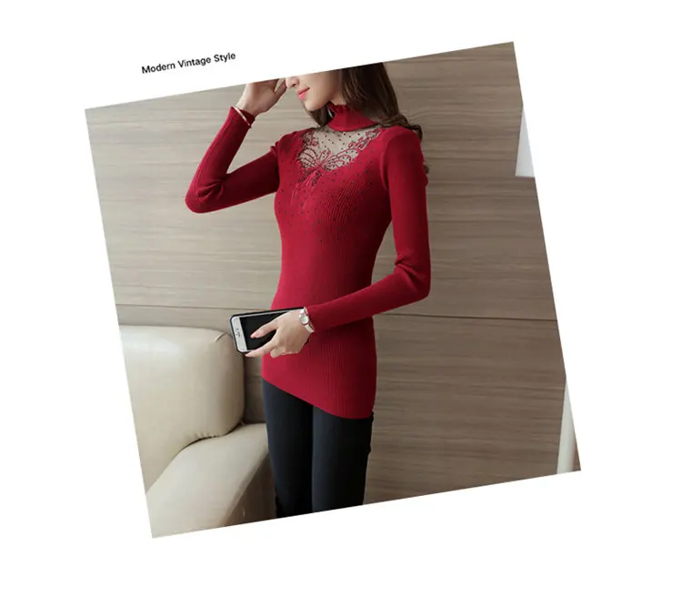 2019 New Ruffled Turtleneck Sweater Women Autumn Winter Pullovers Butterfly Lace Stitching Sweater Female Long Sleeve Pull Femme (5)