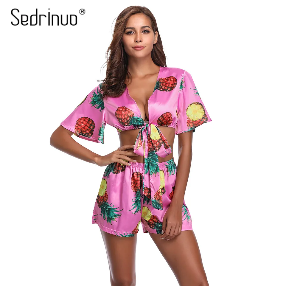 

Sedrinuo 2018 Summer New Pineapple Silk Jumpsuits crop Top &Short Pants Deep V Neck Short Sleeve Bodycon Jumpsuit and Rompers