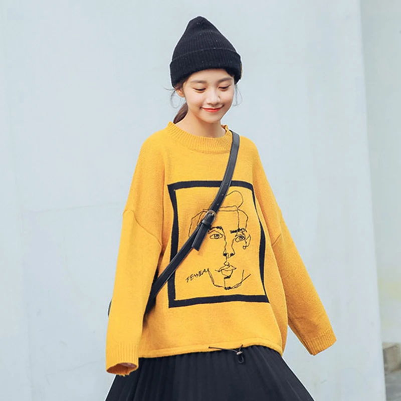 

2018 autumn new loose sweater hem drawstring portrait embroidery round neck bottoming sweater pullover shirt women's clothing