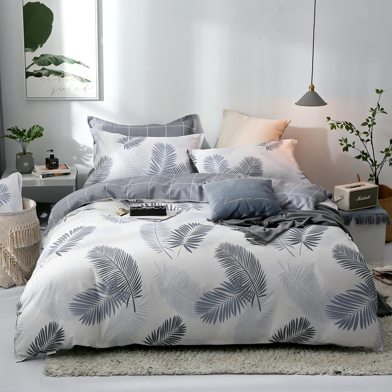 

Gray Leaf Pattern Soft Bed Linens 4Pc Bedding Set Duvet Cover+Beds Sheet+Pillowcase High Quality Comefortable Super King 5 Size