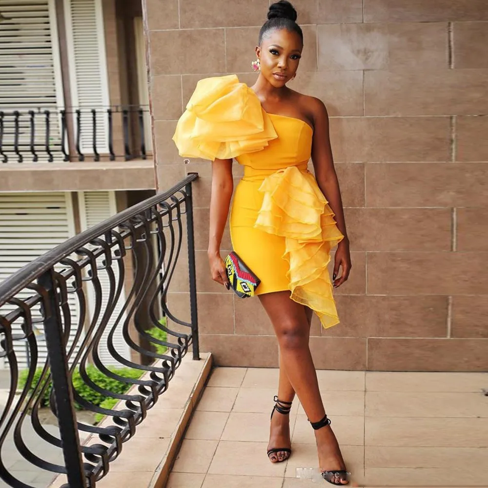 

Sexy Short Elastic Cocktail Party Dresses 2019 Sheath Plus Size One Shoulder Ruffles African Club Mini Yellow Cheap Prom Gowns