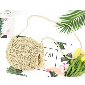 

Hot Rattan Woven Round Women Straw Bag Handbag Knit Summer Beach Bag Woman Shoulder Messenger Bag Tassel Bags