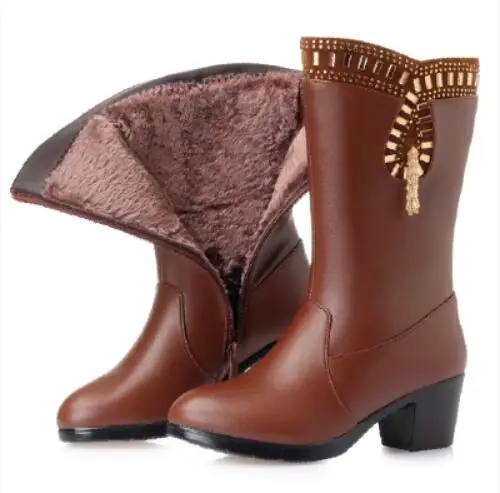 GKTINOO/новые женские зимние ботинки обувь из натуральной кожи до середины икры на Высоком толстом каблуке женские теплые ботинки из плюша и шерсти Женская обувь размера плюс - Цвет: brown plush lining