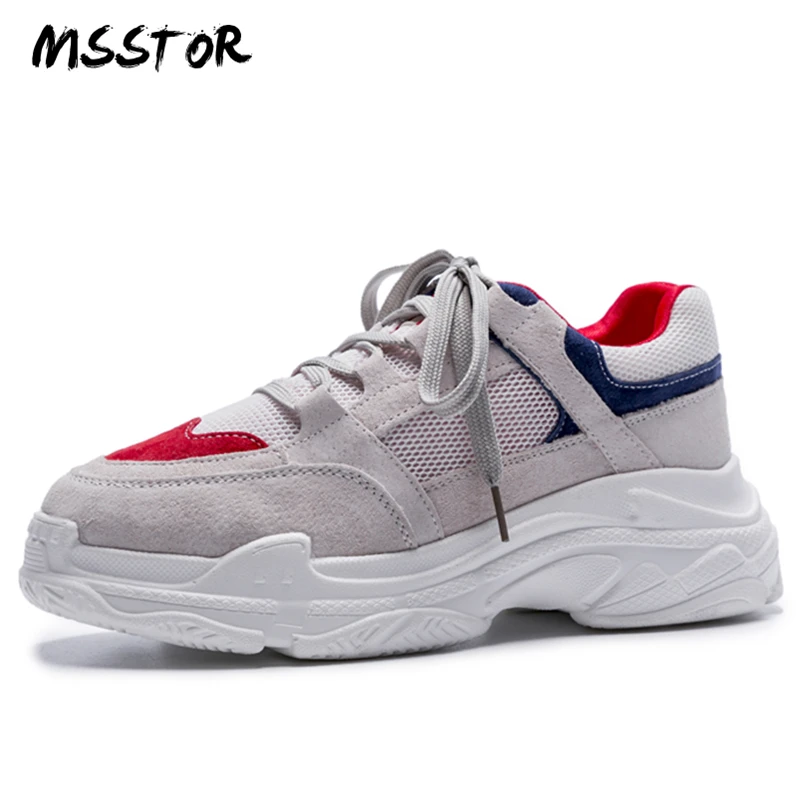 

MSSTOR Round Toe Red Women Sneakers Fashion Cow Suede Shoe Laces Casual Spring Flats Shoes Women Mixed Colors Platform Sneakers