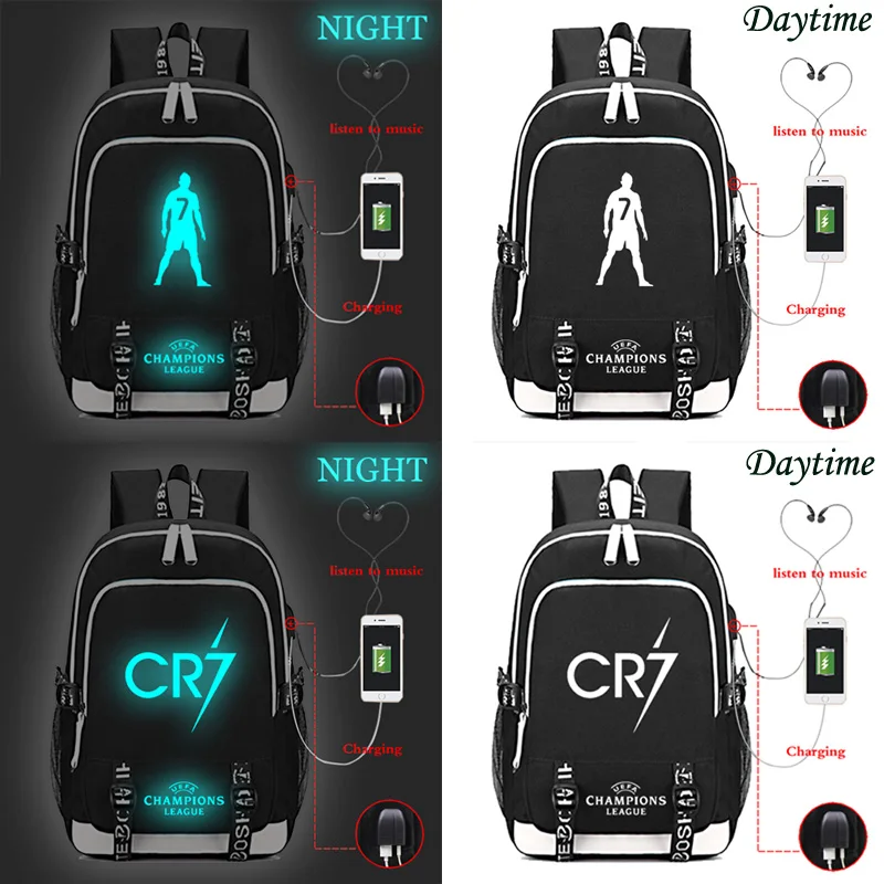 CP7 Ronaldo напечатанный w/USB порт рюкзак с отражающими вставками для мальчиков и девочек мужчин и женщин модные дорожные сумки школьная сумка для подростков ноутбук книга сумки