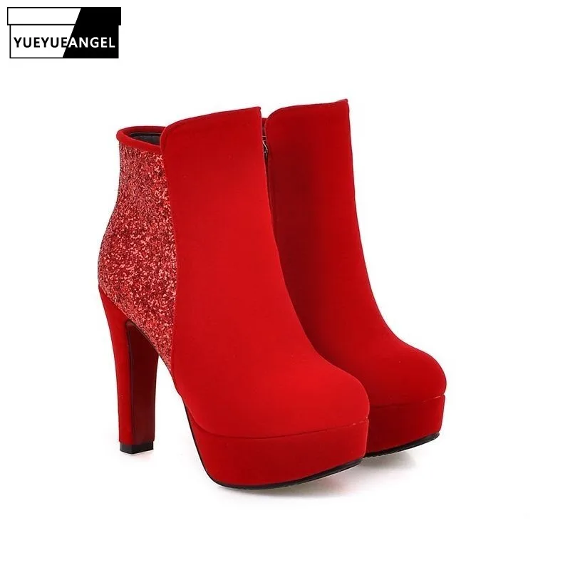 

Womens Red Bling Bride Wedding Shoes Fleece Lining Winter Ankle Boots High Heel Platform Faux Suede Zip Female Botas Footwear